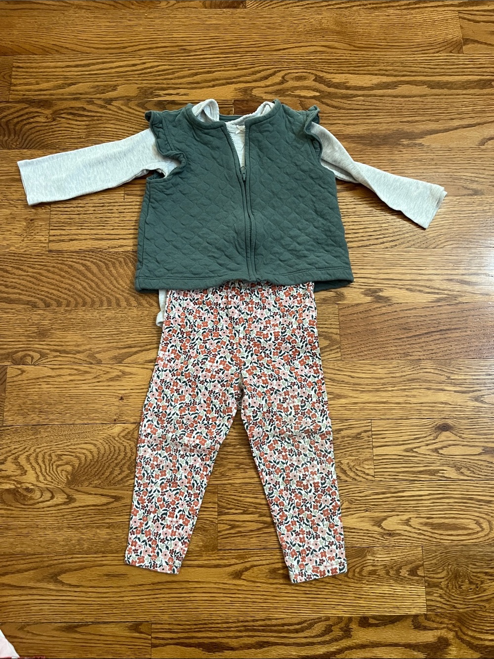 Carters Quilted Green Vest Set with Floral Leggings and heather gray onesie